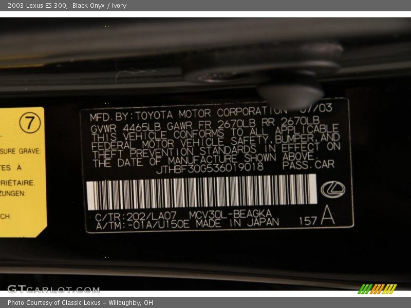 2003 ES 300 Black Onyx Color Code 202