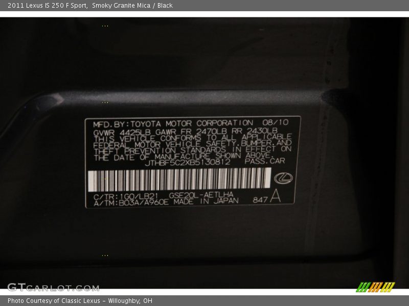 2011 IS 250 F Sport Smoky Granite Mica Color Code 1G0