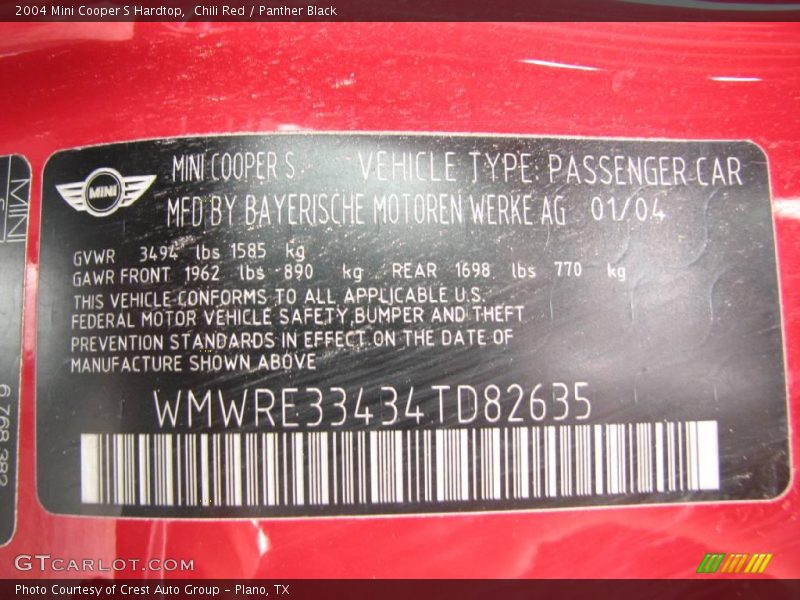 Chili Red / Panther Black 2004 Mini Cooper S Hardtop
