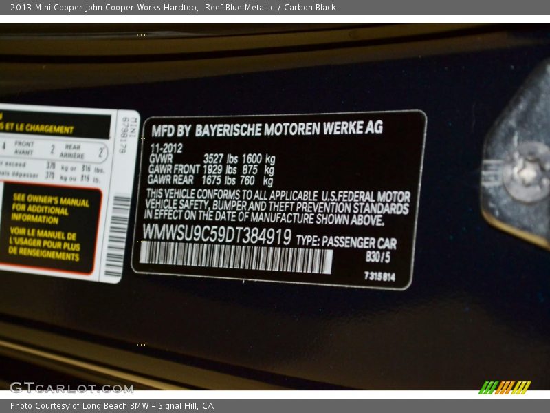 Reef Blue Metallic / Carbon Black 2013 Mini Cooper John Cooper Works Hardtop