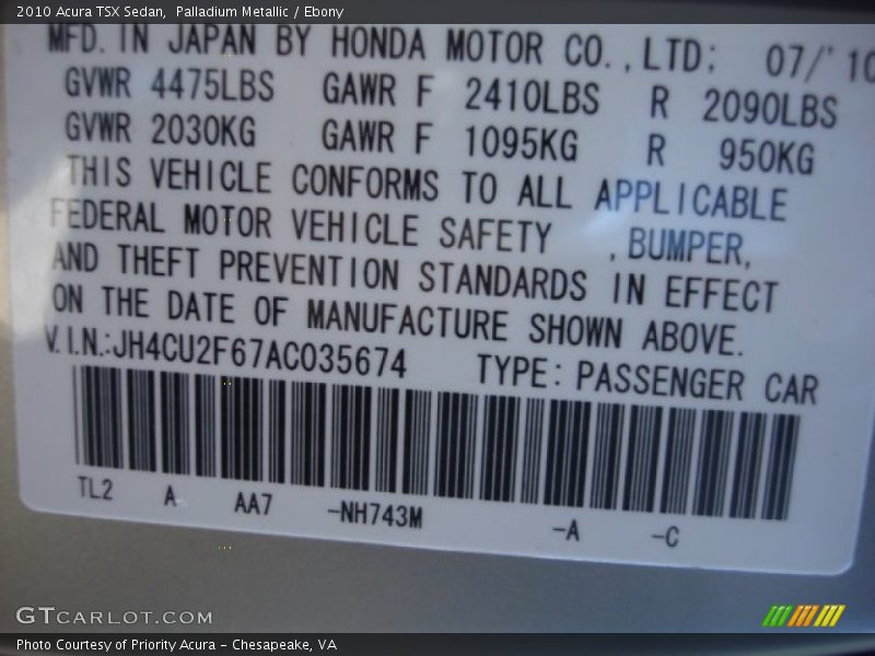 Palladium Metallic / Ebony 2010 Acura TSX Sedan