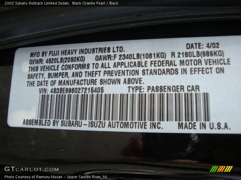 Black Granite Pearl / Black 2002 Subaru Outback Limited Sedan