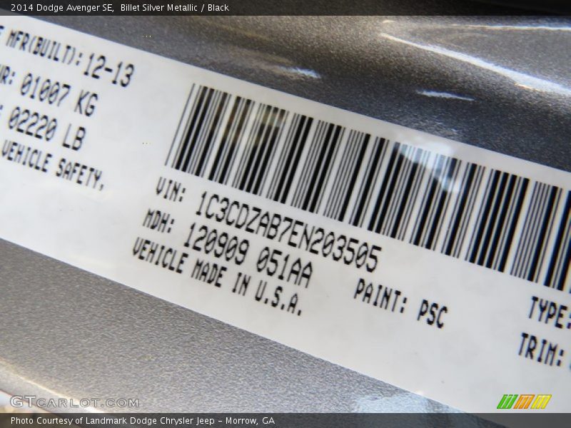 Billet Silver Metallic / Black 2014 Dodge Avenger SE