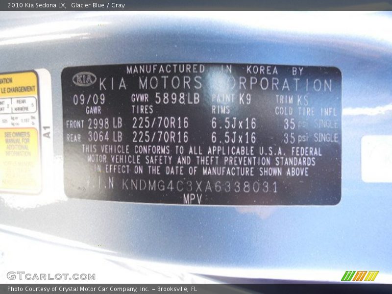 2010 Sedona LX Glacier Blue Color Code K9