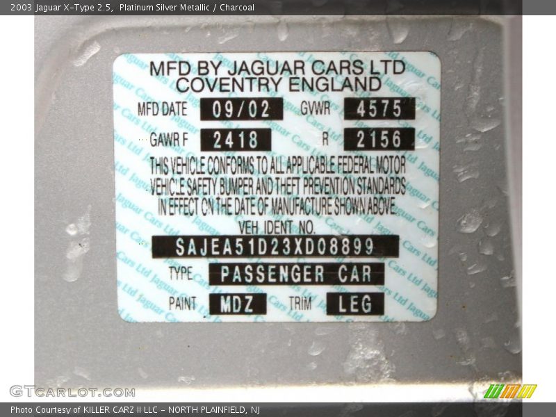 2003 X-Type 2.5 Platinum Silver Metallic Color Code MDZ