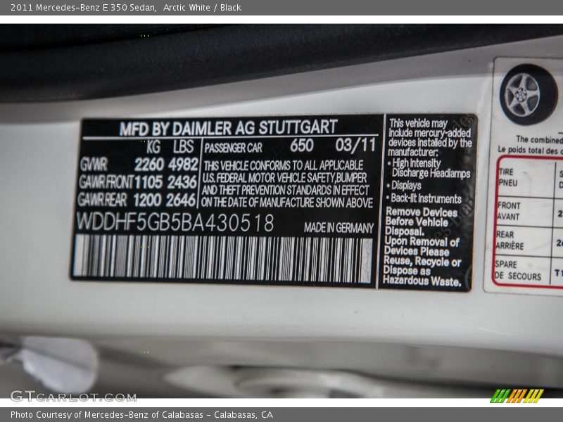 Arctic White / Black 2011 Mercedes-Benz E 350 Sedan