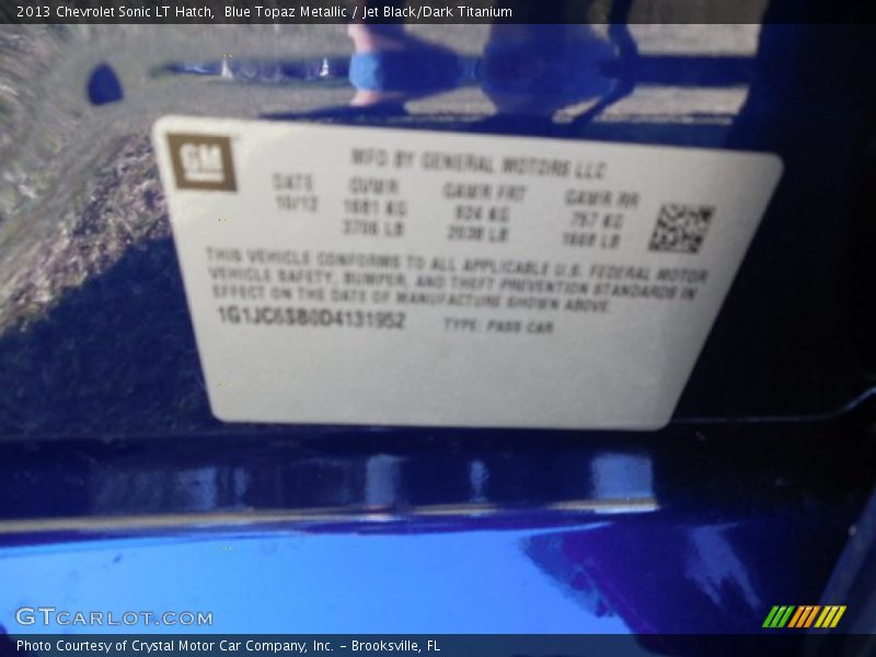 Blue Topaz Metallic / Jet Black/Dark Titanium 2013 Chevrolet Sonic LT Hatch