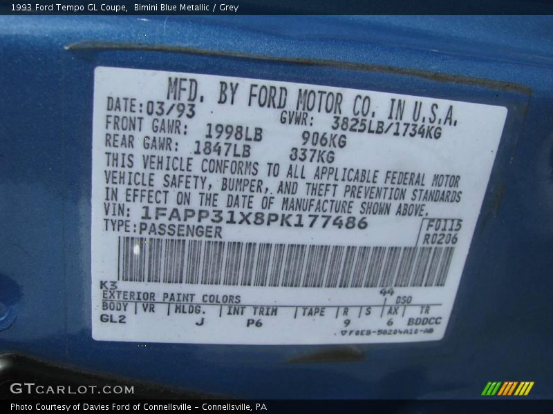 Bimini Blue Metallic / Grey 1993 Ford Tempo GL Coupe