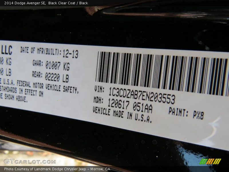 Black Clear Coat / Black 2014 Dodge Avenger SE