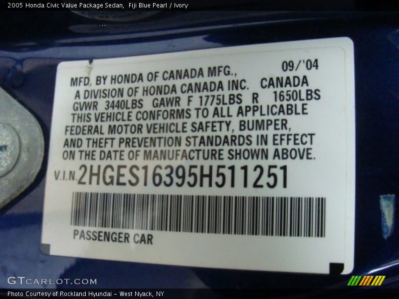 Fiji Blue Pearl / Ivory 2005 Honda Civic Value Package Sedan
