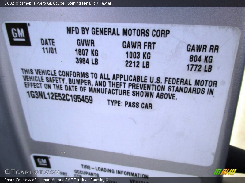 Info Tag of 2002 Alero GL Coupe