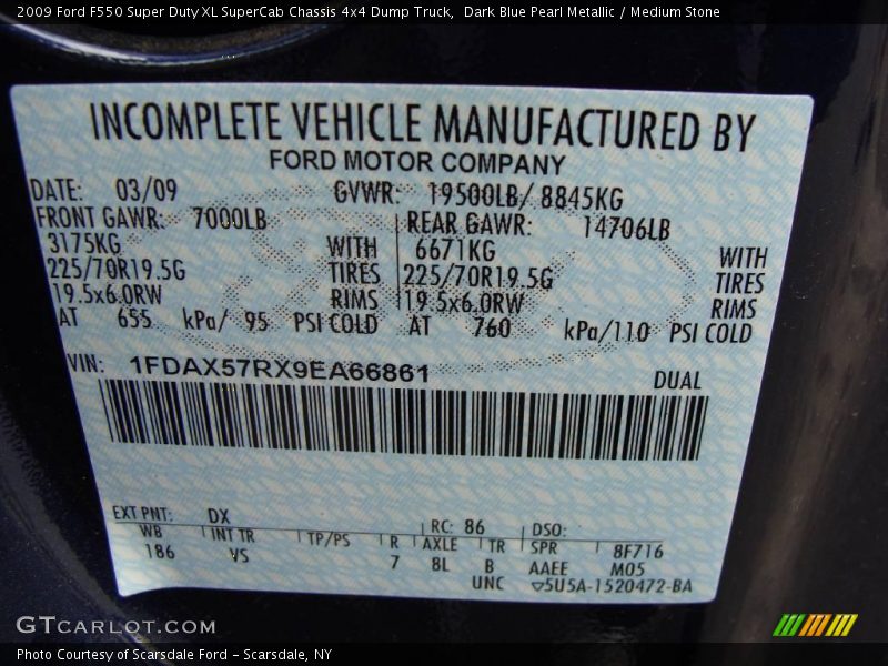 Dark Blue Pearl Metallic / Medium Stone 2009 Ford F550 Super Duty XL SuperCab Chassis 4x4 Dump Truck