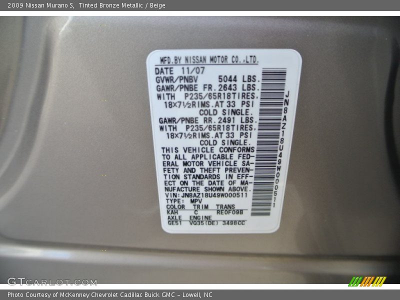 Tinted Bronze Metallic / Beige 2009 Nissan Murano S
