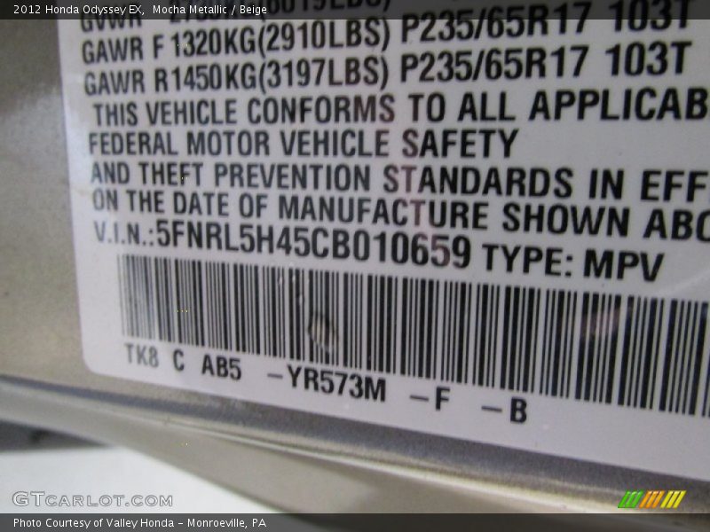 Mocha Metallic / Beige 2012 Honda Odyssey EX