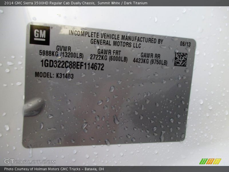 Summit White / Dark Titanium 2014 GMC Sierra 3500HD Regular Cab Dually Chassis