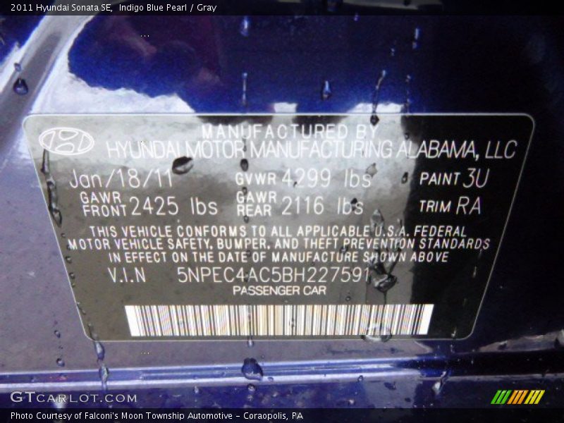 Indigo Blue Pearl / Gray 2011 Hyundai Sonata SE