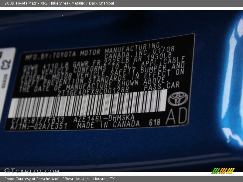 2009 Matrix XRS Blue Streak Metallic Color Code 8T7