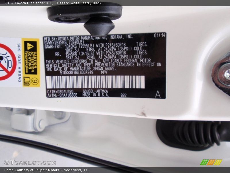 2014 Highlander XLE Blizzard White Pearl Color Code 070