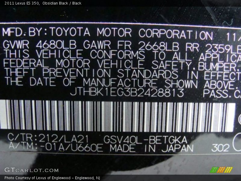 Obsidian Black / Black 2011 Lexus ES 350