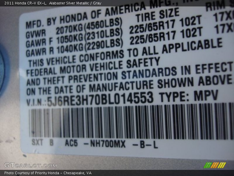 Alabaster Silver Metallic / Gray 2011 Honda CR-V EX-L