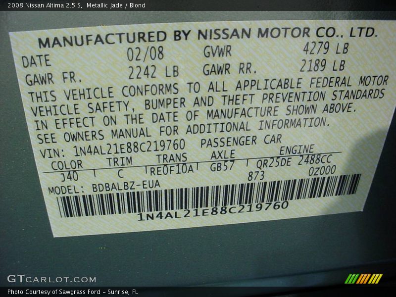 Metallic Jade / Blond 2008 Nissan Altima 2.5 S