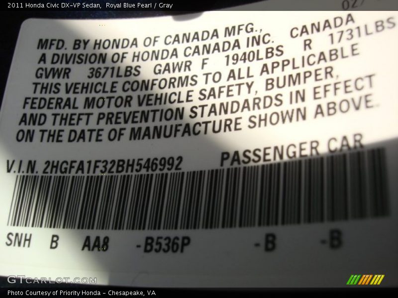 Royal Blue Pearl / Gray 2011 Honda Civic DX-VP Sedan