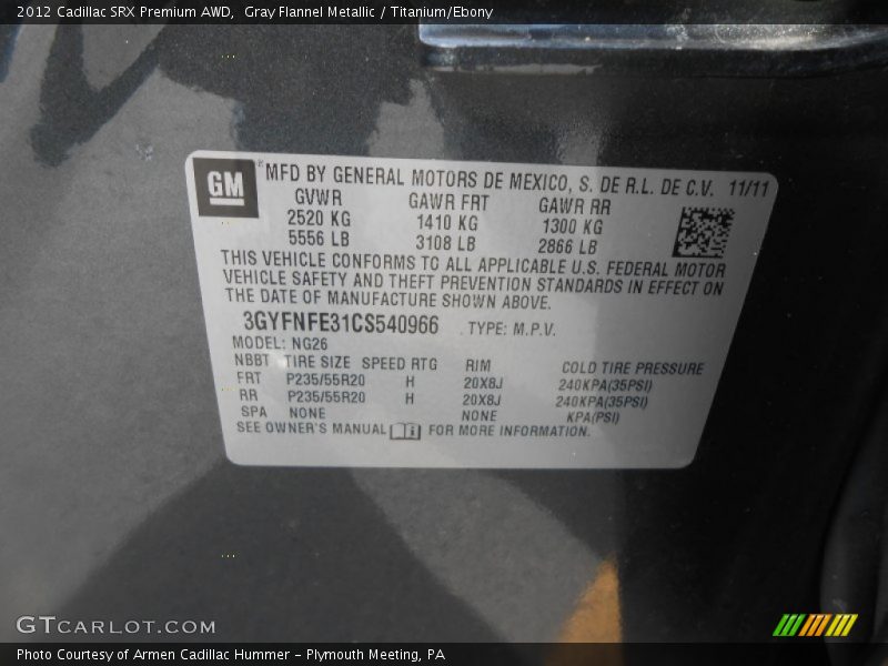 Gray Flannel Metallic / Titanium/Ebony 2012 Cadillac SRX Premium AWD