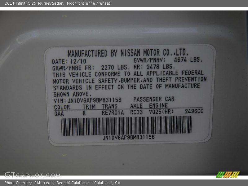 Moonlight White / Wheat 2011 Infiniti G 25 Journey Sedan
