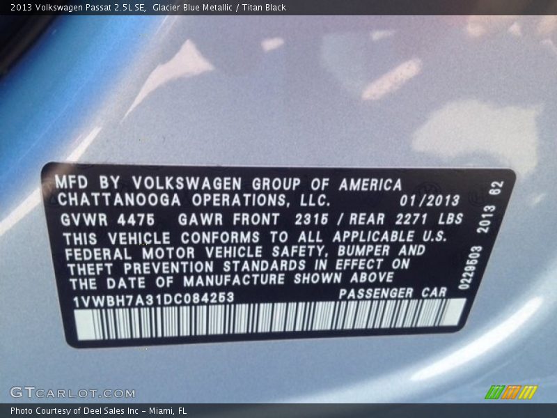 Glacier Blue Metallic / Titan Black 2013 Volkswagen Passat 2.5L SE