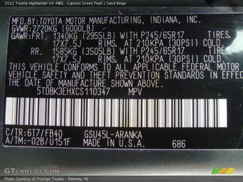 Cypress Green Pearl / Sand Beige 2012 Toyota Highlander V6 4WD