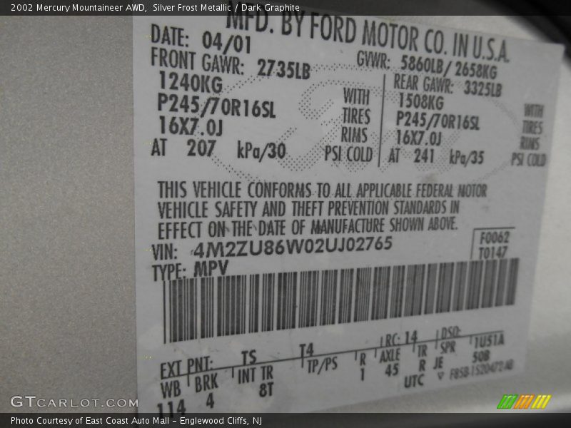 2002 Mountaineer AWD Silver Frost Metallic Color Code TS