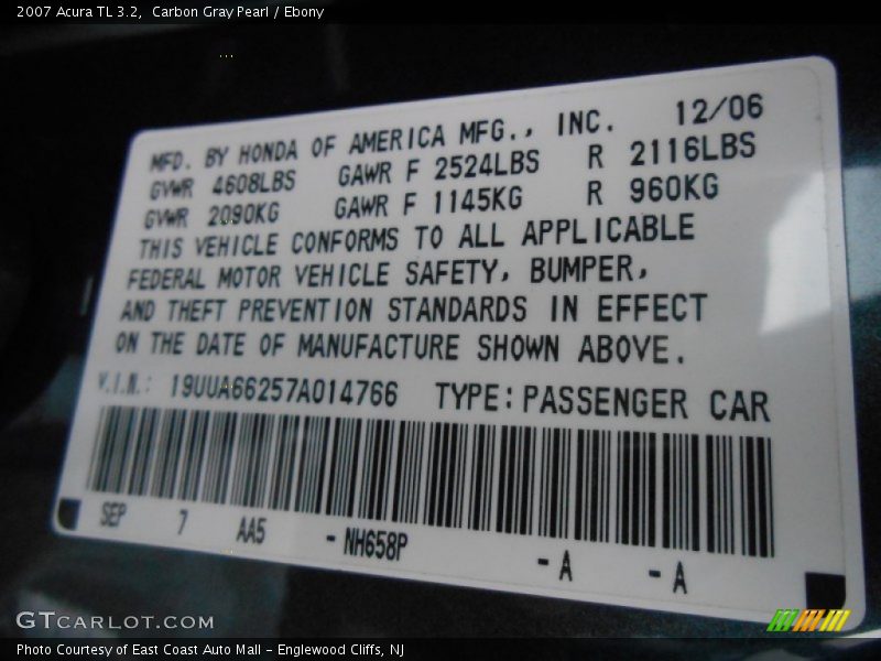 Carbon Gray Pearl / Ebony 2007 Acura TL 3.2