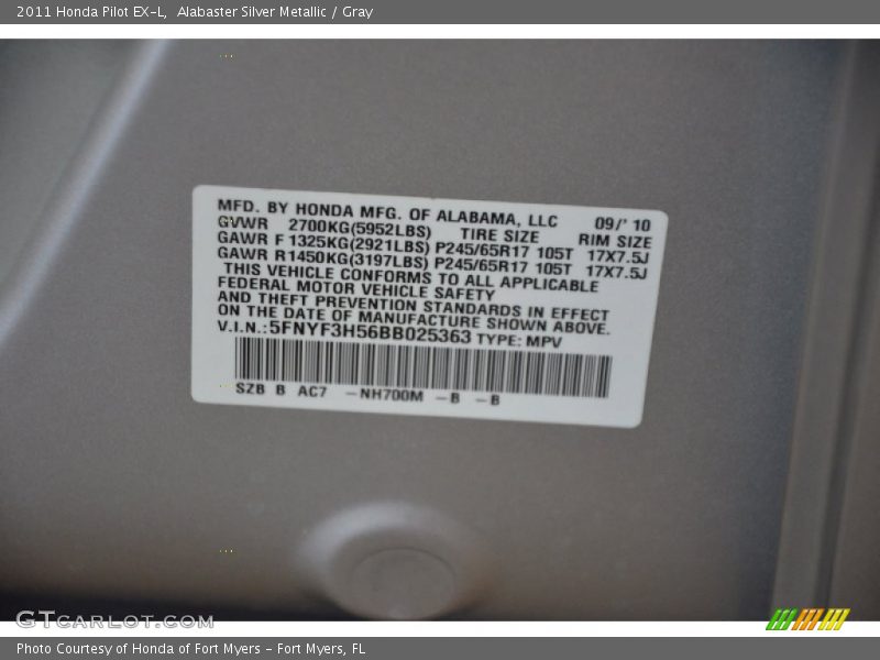 Alabaster Silver Metallic / Gray 2011 Honda Pilot EX-L