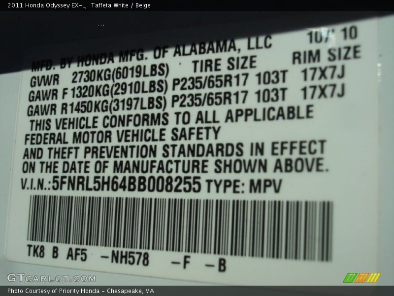 Taffeta White / Beige 2011 Honda Odyssey EX-L