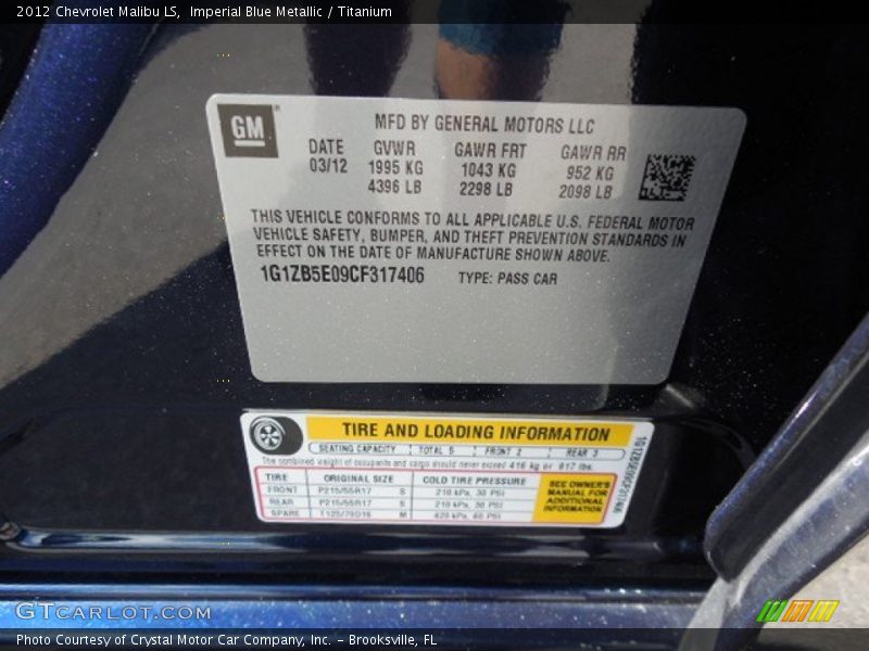 Imperial Blue Metallic / Titanium 2012 Chevrolet Malibu LS