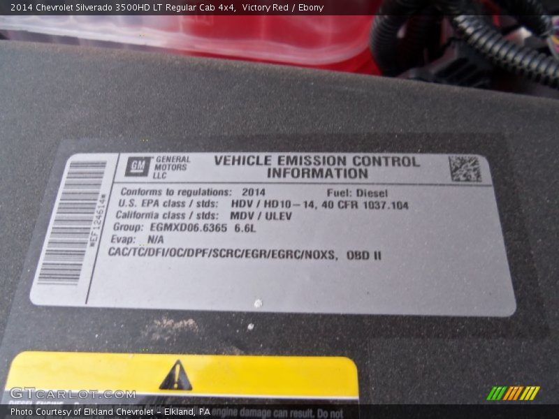 Info Tag of 2014 Silverado 3500HD LT Regular Cab 4x4