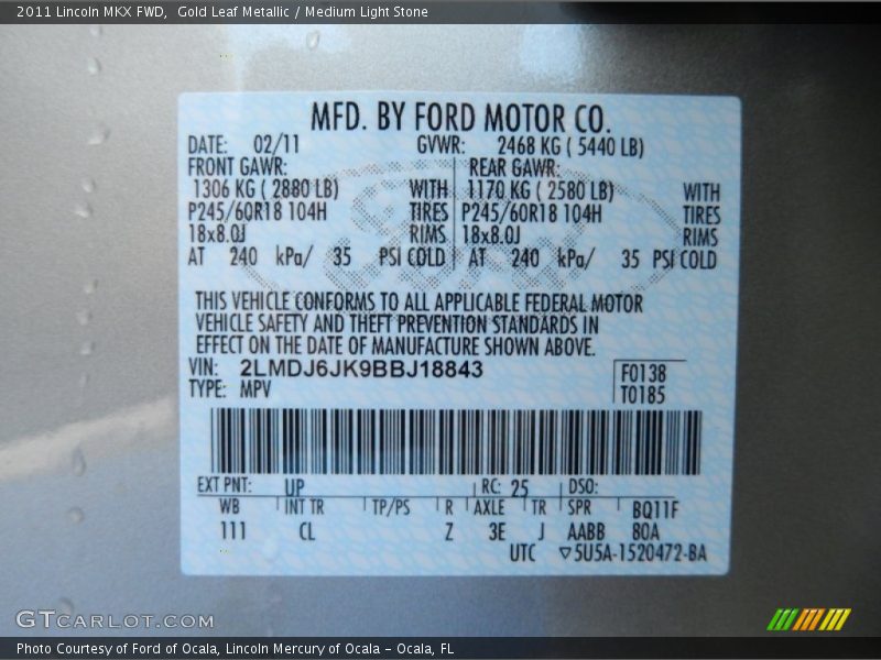 Gold Leaf Metallic / Medium Light Stone 2011 Lincoln MKX FWD