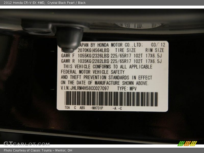 2012 CR-V EX 4WD Crystal Black Pearl Color Code NH731P