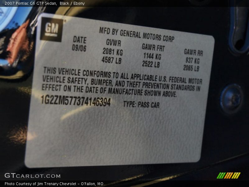 Info Tag of 2007 G6 GTP Sedan
