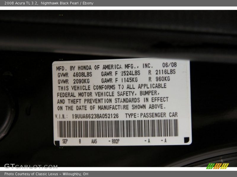 Nighthawk Black Pearl / Ebony 2008 Acura TL 3.2