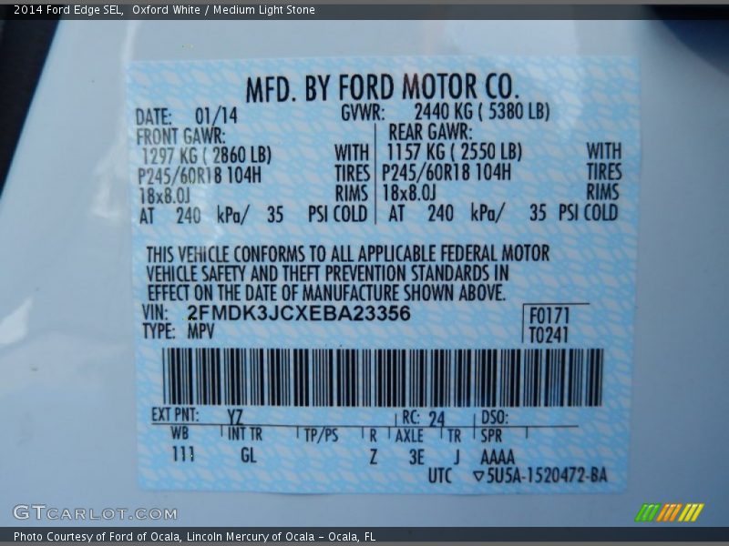 Oxford White / Medium Light Stone 2014 Ford Edge SEL