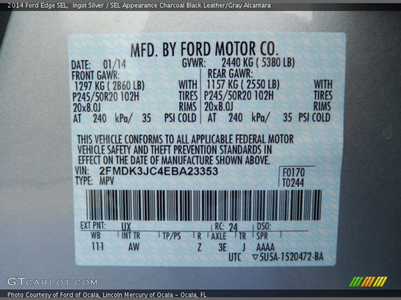 Ingot Silver / SEL Appearance Charcoal Black Leather/Gray Alcantara 2014 Ford Edge SEL