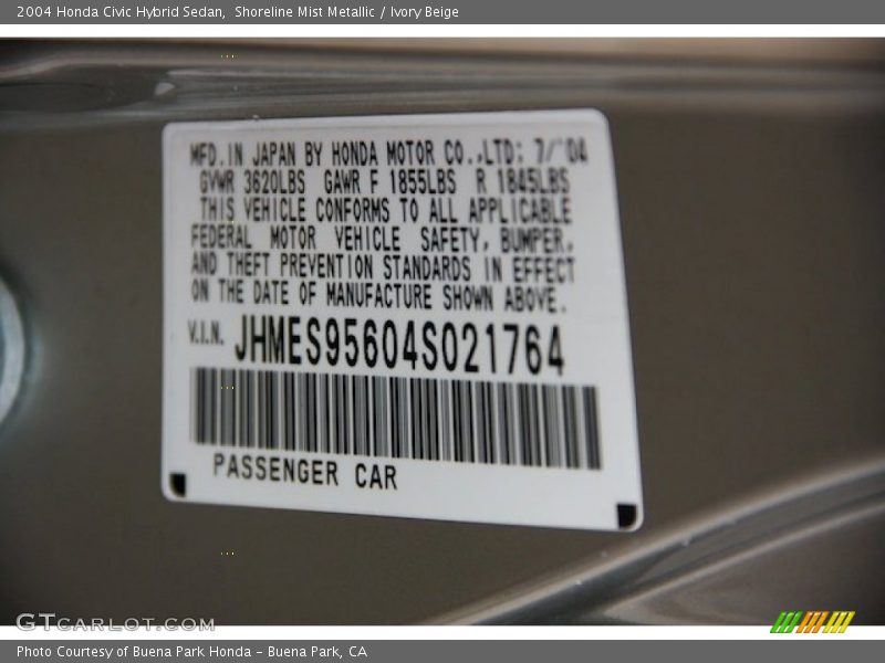 Info Tag of 2004 Civic Hybrid Sedan