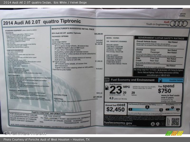  2014 A6 2.0T quattro Sedan Window Sticker