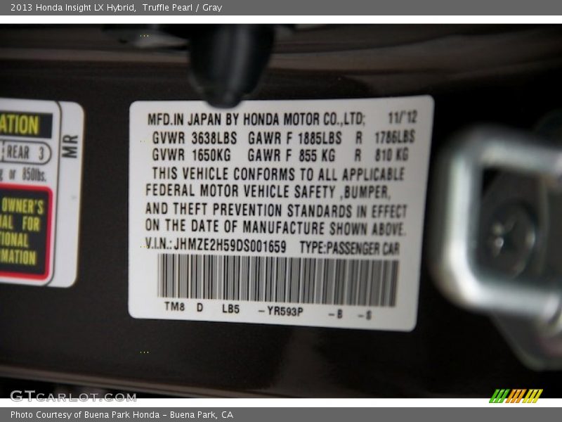 2013 Insight LX Hybrid Truffle Pearl Color Code YR593P