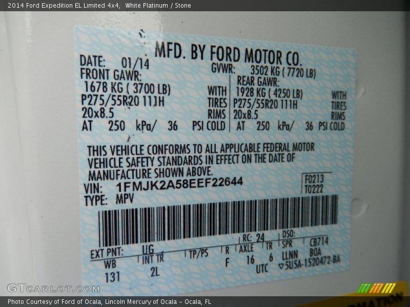 2014 Expedition EL Limited 4x4 White Platinum Color Code UG