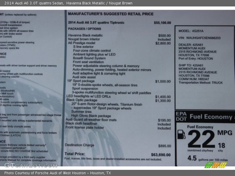  2014 A6 3.0T quattro Sedan Window Sticker