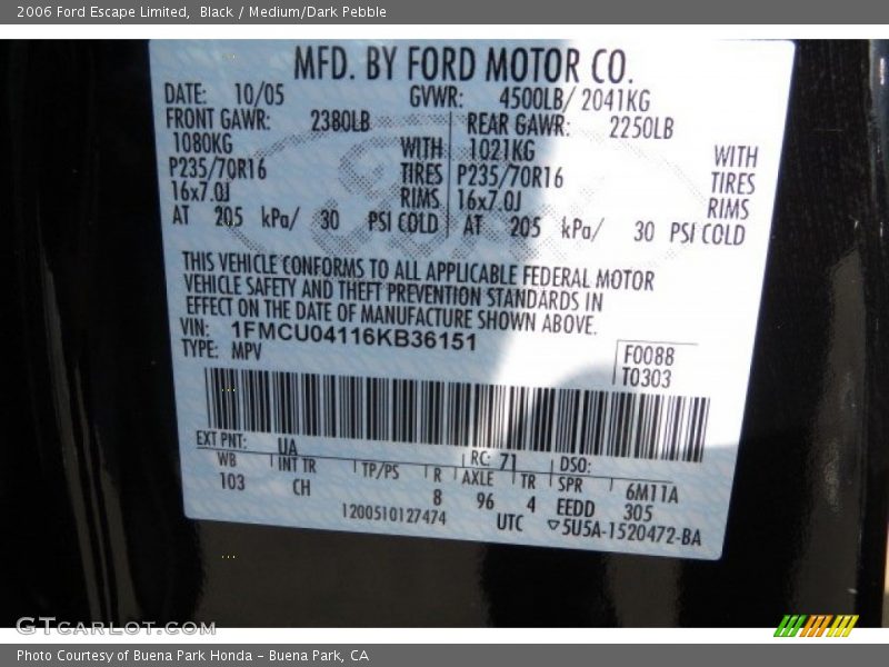 Black / Medium/Dark Pebble 2006 Ford Escape Limited