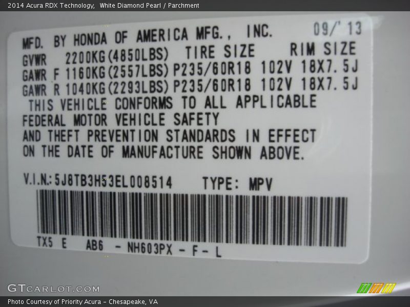 White Diamond Pearl / Parchment 2014 Acura RDX Technology