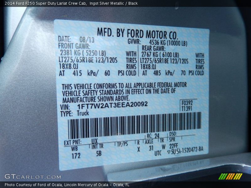 2014 F250 Super Duty Lariat Crew Cab Ingot Silver Metallic Color Code UX